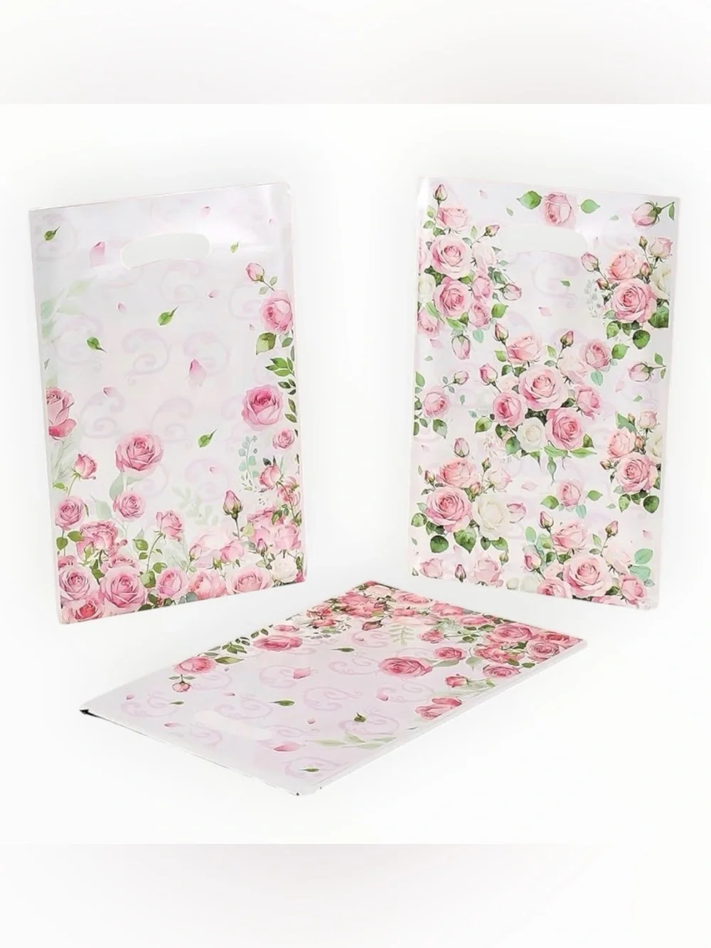NWT Pink Rose Print Gift Bags with Built-In Handle 30PCS